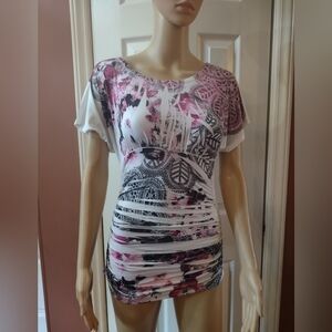 A. bryer scrunched woman's size small white, pink and black blouse shirt top